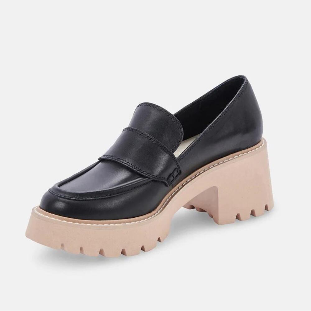 NEW Dolce Vita Halona Black Leather Block Heel Contrast Lug Sole Loafers